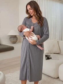Slowluna فستان أمومة بأكمام طويلة مع أزرار وظيفية وتصميم دانتيل مرقع للرضاعة - الأسود - مشاهدة 3
