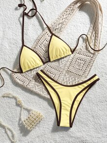 SHEIN Swim 2025 女款休閒運動風方領賽車背心式三角短褲連身泳衣 - 黃色 - 查看 4