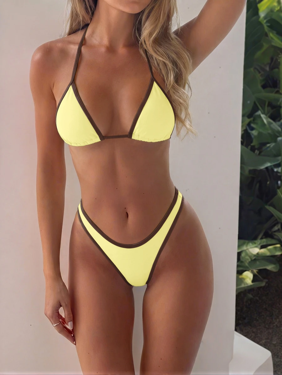 SHEIN Swim 2025 女款休閒運動風方領賽車背心式三角短褲連身泳衣