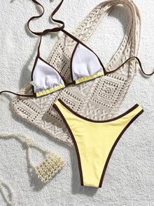SHEIN Swim 2025 女款休閒運動風方領賽車背心式三角短褲連身泳衣 - 黃色 - 查看 5