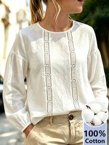 Trelyra Women's Casual Solid Color Long Sleeve Shirt For Vacation - White - View 4