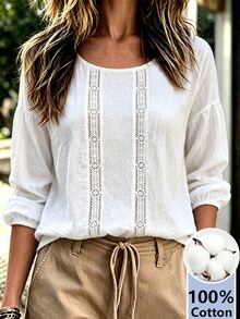 Trelyra Women's Casual Solid Color Long Sleeve Shirt For Vacation - White - View 3