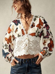Bohemela Women's Deep V-Neck Butterfly Print Casual Versatile Daily Outing Blouse - Apricot - View 4