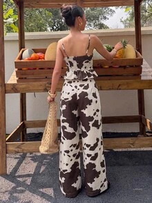 Muchica Women's Cow Print Ruffle Hem Camisole Top And Wide Leg Denim Pants Set Fall - Multicolor - View 3