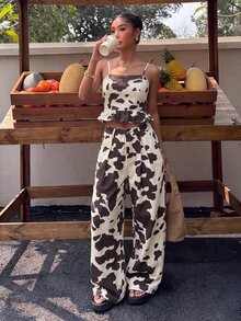 Muchica Women's Cow Print Ruffle Hem Camisole Top And Wide Leg Denim Pants Set Fall - Multicolor - View 2