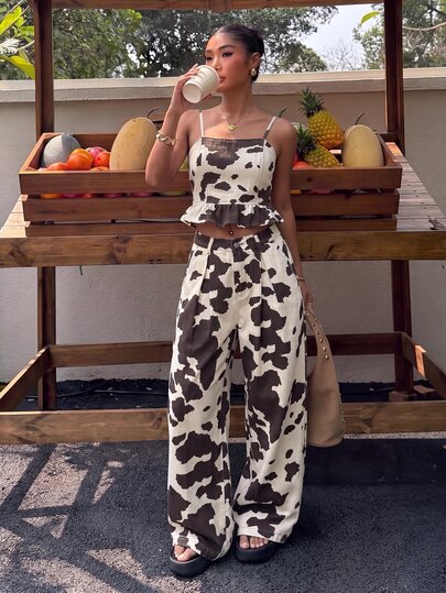 Muchica Women's Cow Print Ruffle Hem Camisole Top And Wide Leg Denim Pants Set Fall