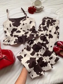 Muchica Women's Cow Print Ruffle Hem Camisole Top And Wide Leg Denim Pants Set Fall - Multicolor - View 6
