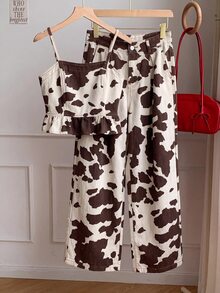 Muchica Women's Cow Print Ruffle Hem Camisole Top And Wide Leg Denim Pants Set Fall - Multicolor - View 4
