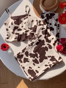 Muchica Women's Cow Print Ruffle Hem Camisole Top And Wide Leg Denim Pants Set Fall - Multicolor - View 8
