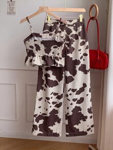 Muchica Women's Cow Print Ruffle Hem Camisole Top And Wide Leg Denim Pants Set Fall - Multicolor - View 10