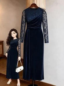Modelyn Plus Size Women's Contrast Lace Long Sleeve Pleated Elegant Round Neck Dress - Navy Blue - View 1