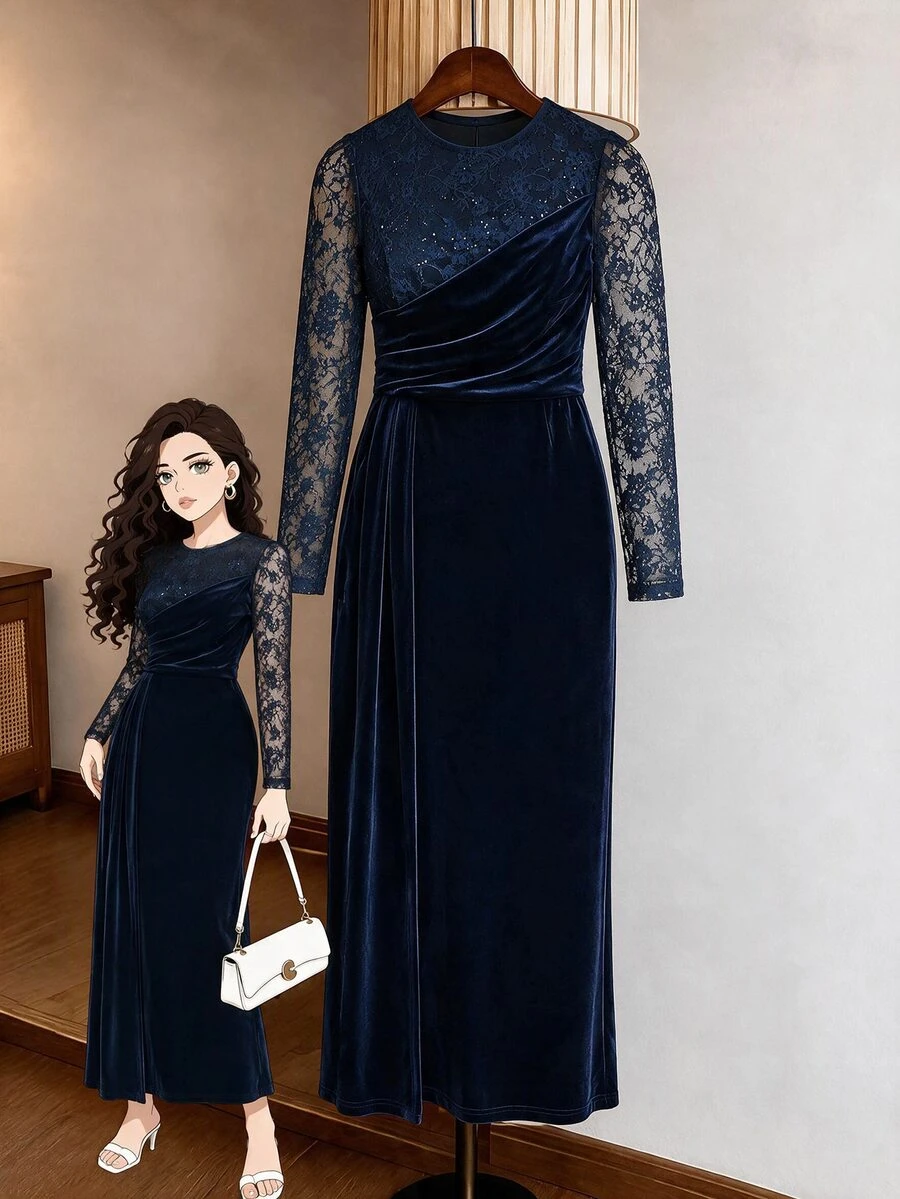 Modelyn Plus Size Women's Contrast Lace Long Sleeve Pleated Elegant Round Neck Dress - Navy Blue - View 1