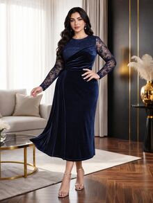 Modelyn Plus Size Women's Contrast Lace Long Sleeve Pleated Elegant Round Neck Dress - Navy Blue - View 5