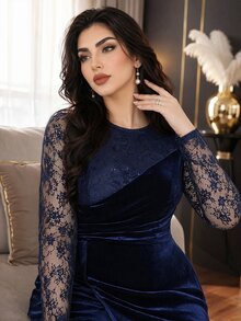 Modelyn Plus Size Women's Contrast Lace Long Sleeve Pleated Elegant Round Neck Dress - Navy Blue - View 8