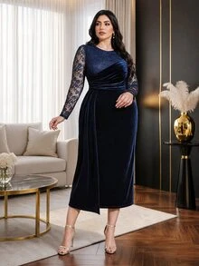 Modelyn Plus Size Women's Contrast Lace Long Sleeve Pleated Elegant Round Neck Dress - Navy Blue - View 7