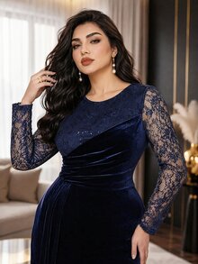 Modelyn Plus Size Women's Contrast Lace Long Sleeve Pleated Elegant Round Neck Dress - Navy Blue - View 4