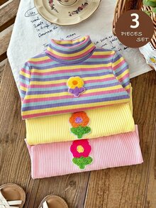SHEIN 3 Random T-Shirt From 6 Designs Young Girls 3D Floral Decor High Neck Long Sleeve T-Shirt Knitted Solid Striped 3D Flower Round Neck Vest Floral - Multicolor - View 6