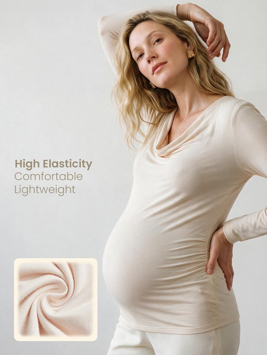 Modmama Maternity Casual Versatile Solid Color Scoop Neck T-Shirt Fall - Apricot - View 1