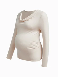Modmama Maternity Casual Versatile Solid Color Scoop Neck T-Shirt Fall - Apricot - View 3