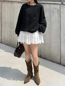 FRIFUL Women's Autumn Steel Plate Print Sweatshirt - Black - View 3