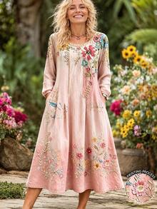 Selamara 女款花卉印花休閒波西米亞風度假洋裝，適合花園派對與早午餐，粉色秋季款 - 彩色 - 查看 1