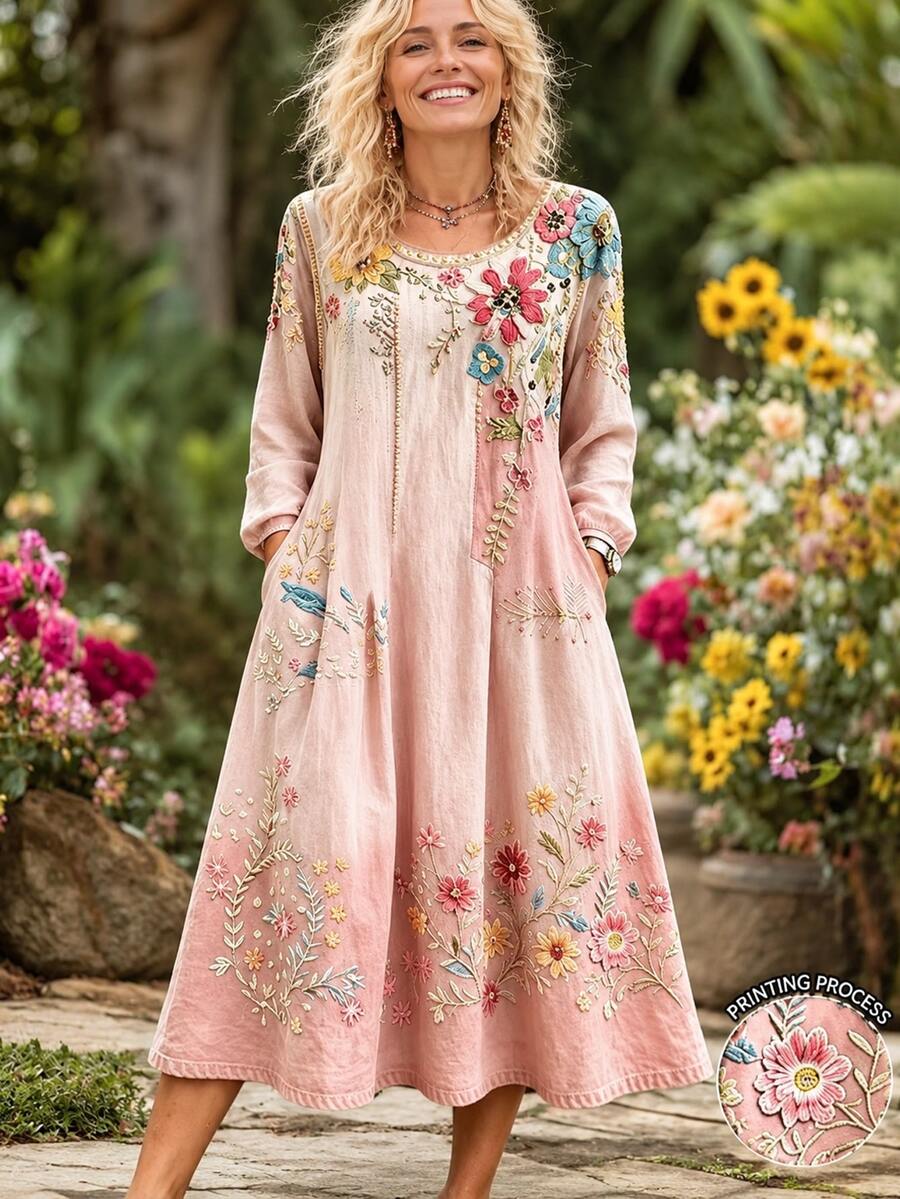 Selamara 女款花卉印花休閒波西米亞風度假洋裝,適合花園派對與早午餐,粉色秋季款 - 彩色 - 查看 1