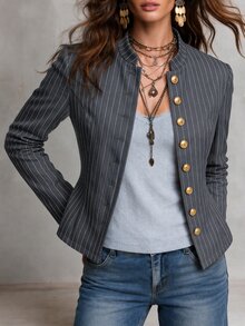 Solivie 女款條紋休閒百搭日常長袖夾克 - 深灰色 - 查看 5