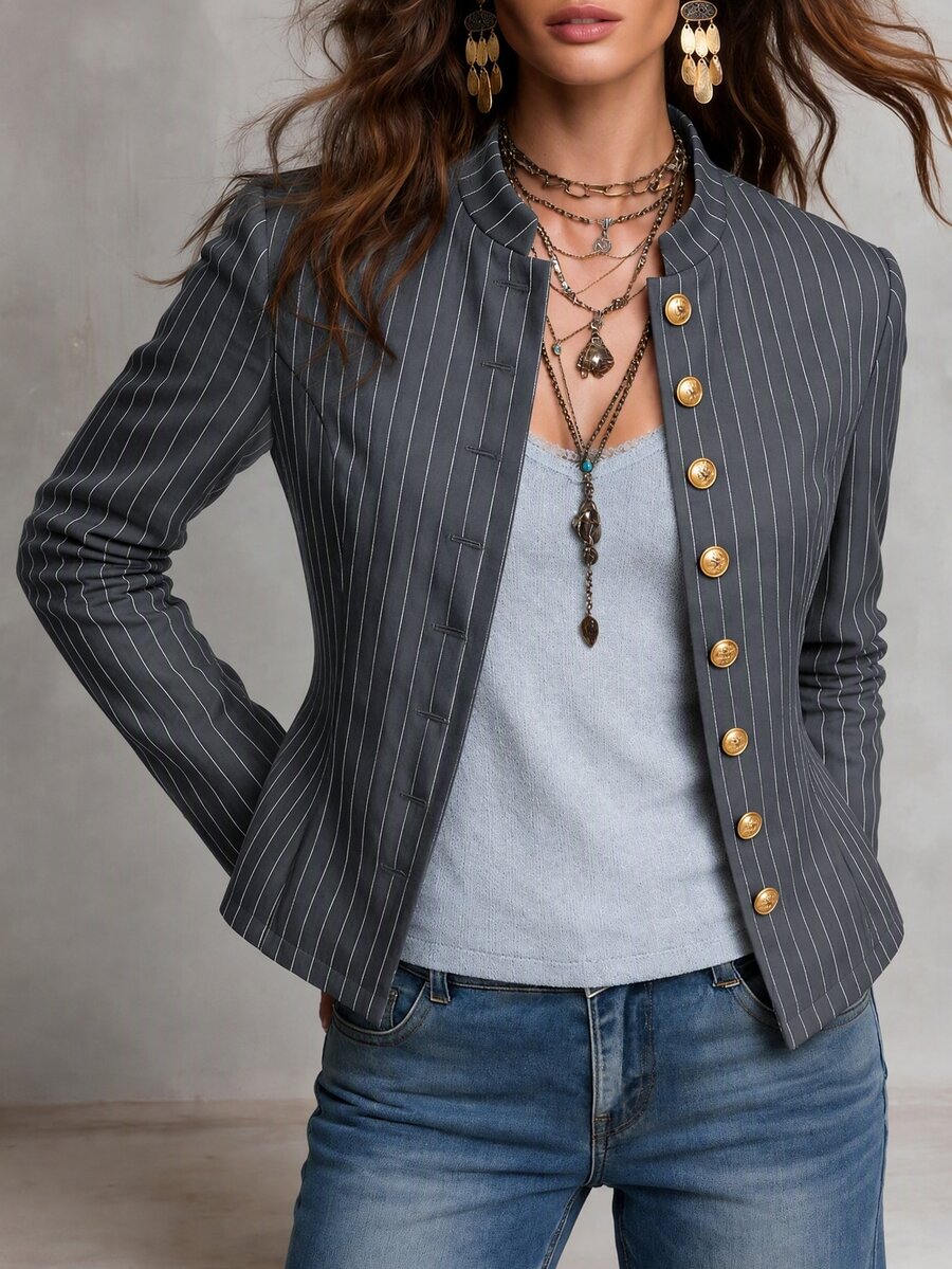 Solivie Women's Striped Casual Versatile Daily Long Sleeve Jacket - Dark Grey - View 1