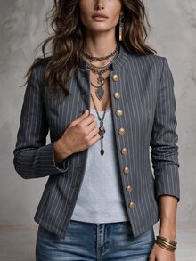 Solivie 女款條紋休閒百搭日常長袖夾克 - 深灰色 - 查看 10