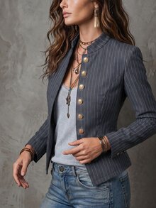 Solivie 女款條紋休閒百搭日常長袖夾克 - 深灰色 - 查看 4