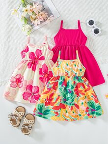 SHEIN Playful Pals 3件套女婴夏季新款碎花无袖吊带裙和纯色连衣裙，田园风格，时尚可爱连衣裙 - 彩色 - 查看 7