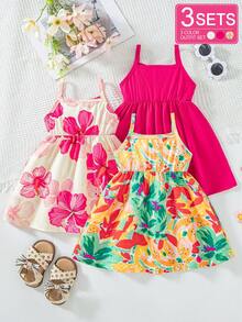 SHEIN Playful Pals 3件套女婴夏季新款碎花无袖吊带裙和纯色连衣裙，田园风格，时尚可爱连衣裙 - 彩色 - 查看 2