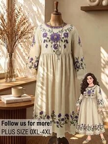 Rusticease Gaun Liburan Ukuran Besar Gaya Vintage Kasual Tradisional Goth Motif Bunga Renda Patchwork Gaun Formal Liburan Warna Beige Musim Gugur - Aprikot - View 1