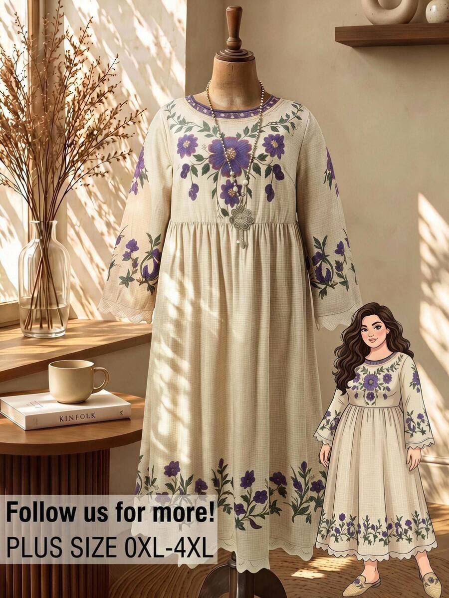 Rusticease Gaun Liburan Ukuran Besar Gaya Vintage Kasual Tradisional Goth Motif Bunga Renda Patchwork Gaun Formal Liburan Warna Beige Musim Gugur - Aprikot - View 1