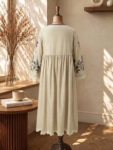 Rusticease Gaun Liburan Ukuran Besar Gaya Vintage Kasual Tradisional Goth Motif Bunga Renda Patchwork Gaun Formal Liburan Warna Beige Musim Gugur - Aprikot - View 2