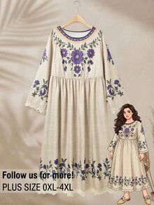 Rusticease Gaun Liburan Ukuran Besar Gaya Vintage Kasual Tradisional Goth Motif Bunga Renda Patchwork Gaun Formal Liburan Warna Beige Musim Gugur - Aprikot - View 3