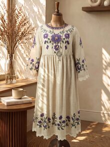 Rusticease Gaun Liburan Ukuran Besar Gaya Vintage Kasual Tradisional Goth Motif Bunga Renda Patchwork Gaun Formal Liburan Warna Beige Musim Gugur - Aprikot - View 9