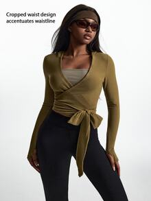 Innovista Innovista Women's Solid Color Overlap V-Neck Waist Knot Sports Sweatshirt - Multicolor - View 8