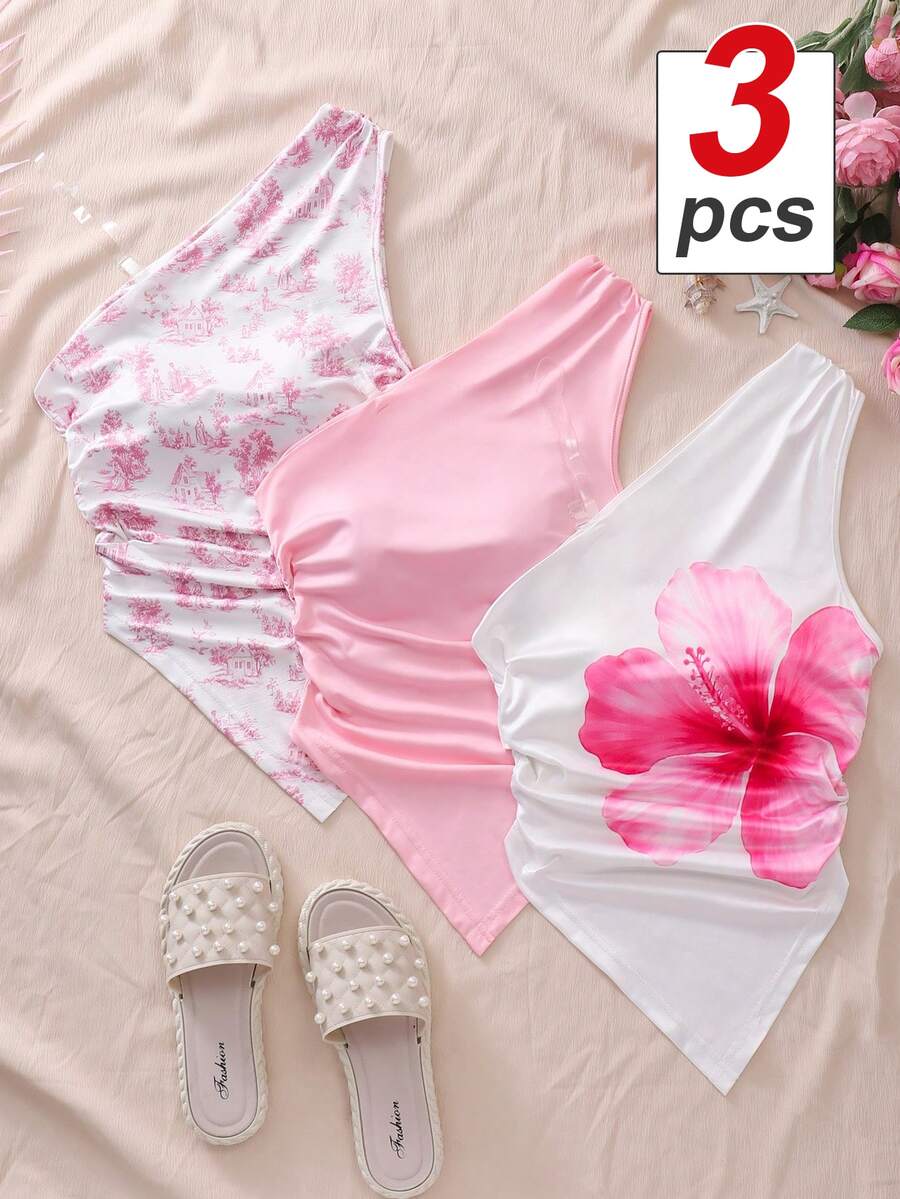 SHEIN 青少年女孩 3件組夏季優雅新娘婚禮度假休閒單肩上衣，度假、舒適、日常 - 彩色 - 查看 1