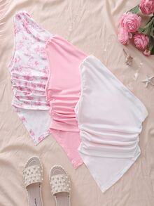 SHEIN 青少年女孩 3件組夏季優雅新娘婚禮度假休閒單肩上衣，度假、舒適、日常 - 彩色 - 查看 2