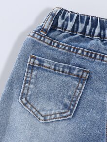 幼童女童 1件牛仔褲，刺繡字母蝴蝶結裝飾復古牛仔女郎直筒牛仔褲，復古水洗藍，彈性腰頭寬鬆版型夏季款 - 中等水洗藍 - 查看 7