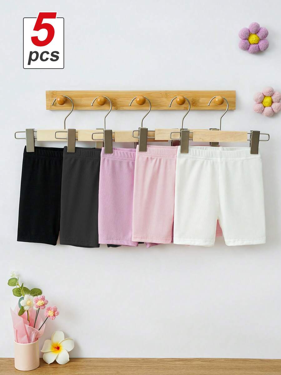 SHEIN Playful Pals 5件套女婴休闲可爱运动短裤打底裤，舒适多色，适合日常穿着，室内外皆宜