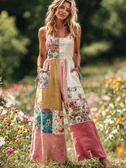 Selamara Women's Vintage Patchwork Sleeveless Jumpsuit