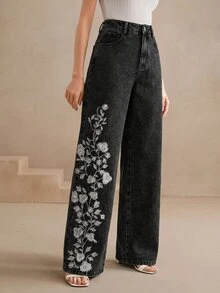 Anewsta 春節度假穿搭 都市現代優雅花卉刺繡重工女款長褲 情人節新年套裝 - 深灰色 - 查看 5