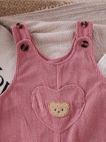 SHEIN Playful Pals 嬰兒女童中性款 0-3 歲幼兒春秋粉色純色燈芯絨吊帶褲套裝，附胸前口袋與熊圖案貼布，休閒版型，適合外出與休閒穿著 - 粉色 - 查看 8