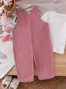 SHEIN Playful Pals 嬰兒女童中性款 0-3 歲幼兒春秋粉色純色燈芯絨吊帶褲套裝，附胸前口袋與熊圖案貼布，休閒版型，適合外出與休閒穿著 - 粉色 - 查看 3