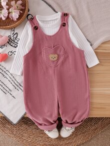 SHEIN Playful Pals 嬰兒女童中性款 0-3 歲幼兒春秋粉色純色燈芯絨吊帶褲套裝，附胸前口袋與熊圖案貼布，休閒版型，適合外出與休閒穿著 - 粉色 - 查看 5