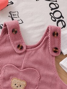 SHEIN Playful Pals 嬰兒女童中性款 0-3 歲幼兒春秋粉色純色燈芯絨吊帶褲套裝，附胸前口袋與熊圖案貼布，休閒版型，適合外出與休閒穿著 - 粉色 - 查看 9