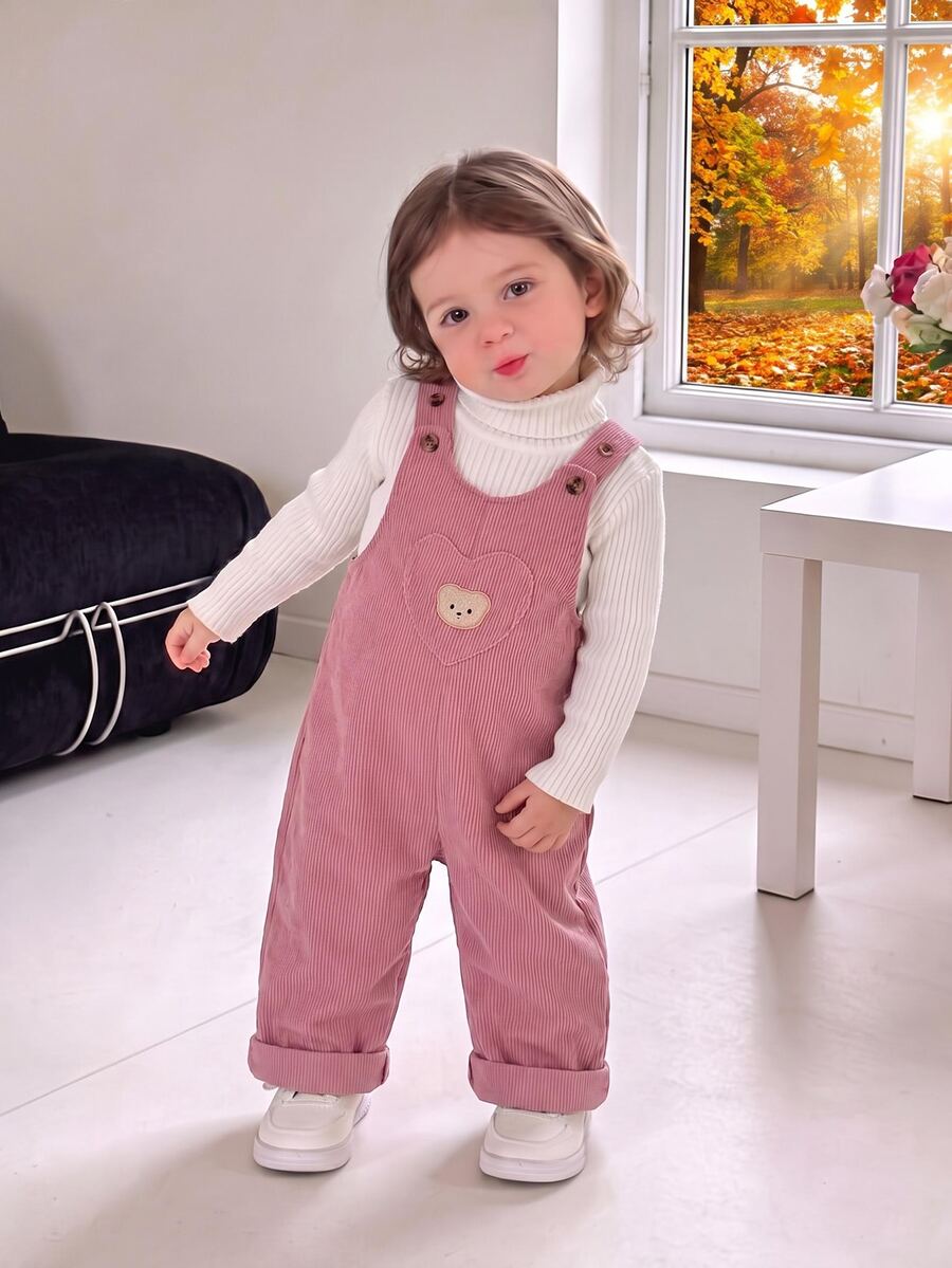 SHEIN Playful Pals 嬰兒女童中性款 0-3 歲幼兒春秋粉色純色燈芯絨吊帶褲套裝，附胸前口袋與熊圖案貼布，休閒版型，適合外出與休閒穿著