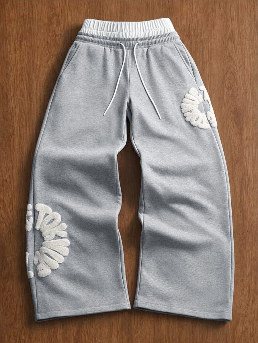 TOKVUE Pantalones de chándal 2 en 1 para hombre con bordado de letras y cintura en contraste - Gris - Ver 1